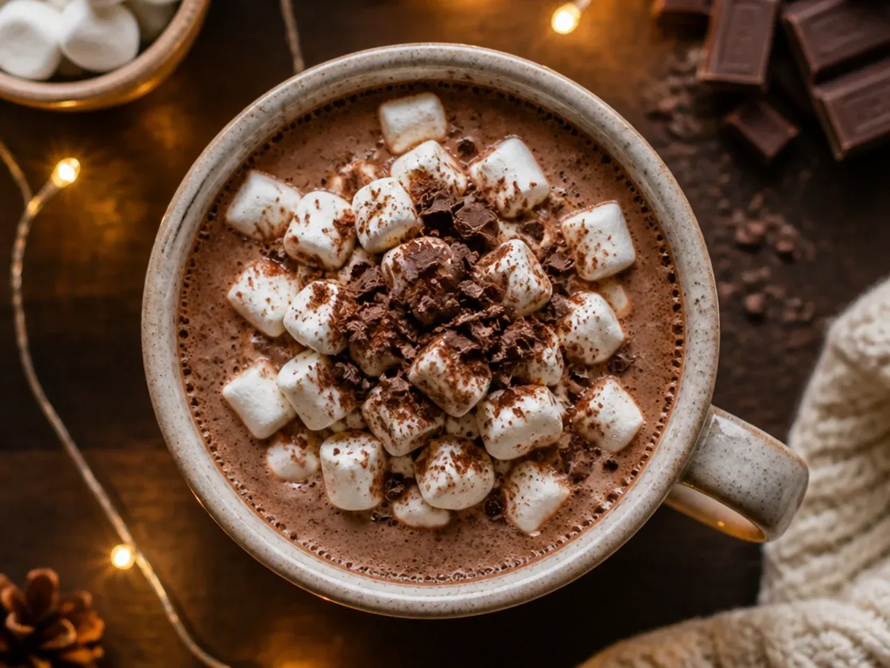 Bowl of classic hot chocolate mix being whisked with cocoa powder and milk powder