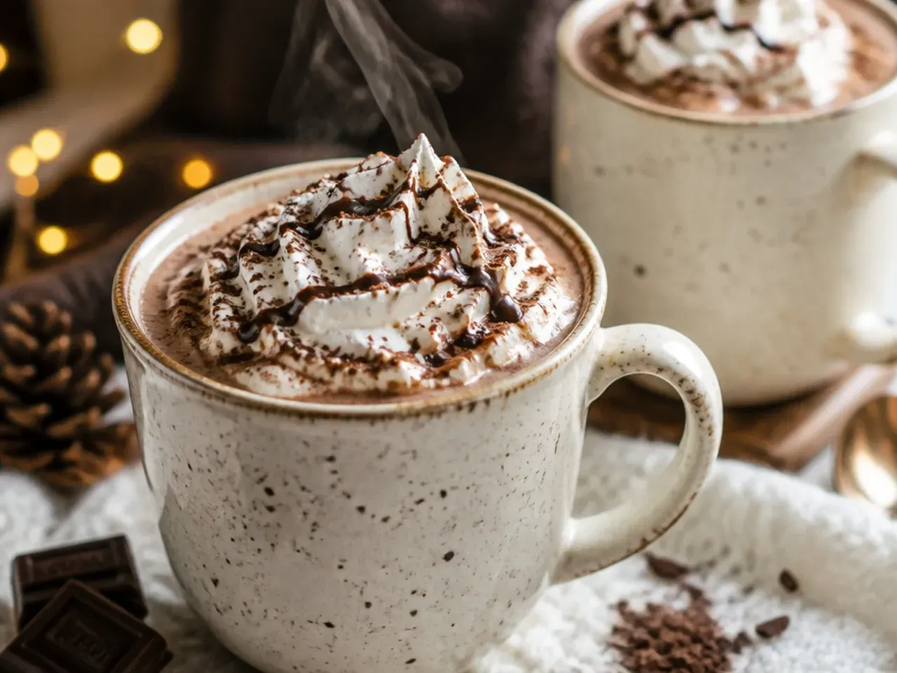 Single mug of hot chocolate being stirred with a spoon, steam rising
