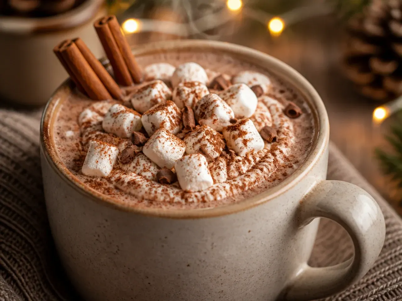 Cinnamon spiced hot chocolate mix in a jar with a cinnamon stick resting on top