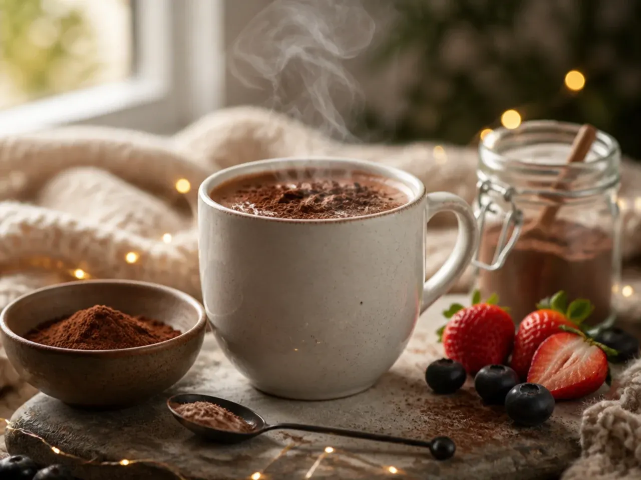 Small bowl with just cocoa powder and icing sugar mixed together, minimal ingredients shown