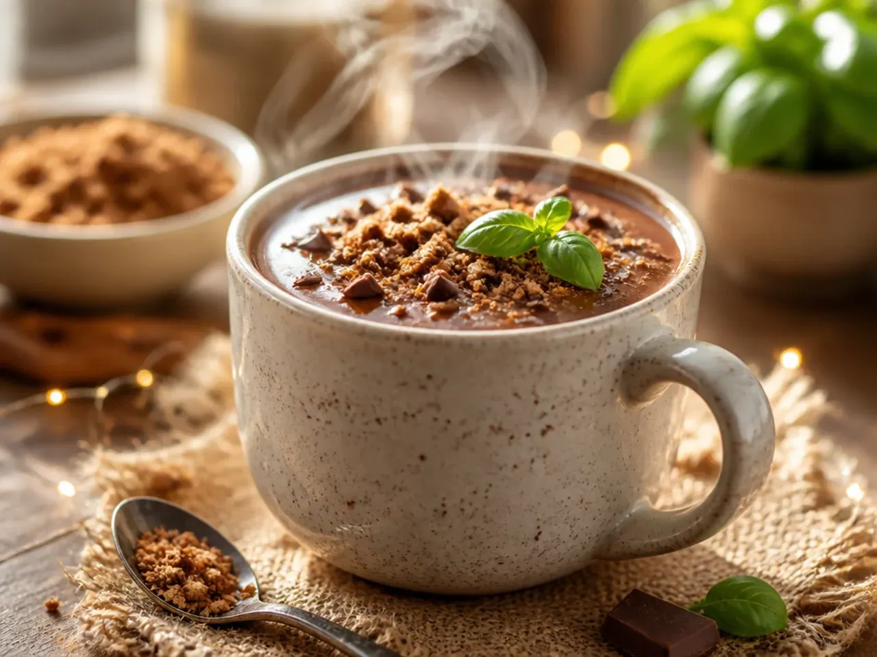 Thick creamy hot chocolate in a glass mug with condensed milk swirled through