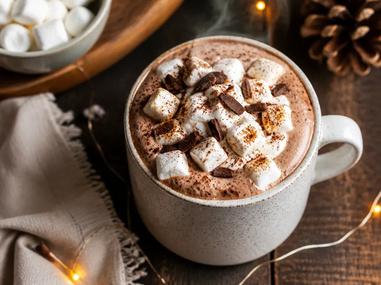 Hot chocolate loaded with whipped cream, marshmallows and chocolate drizzle in a tall glass