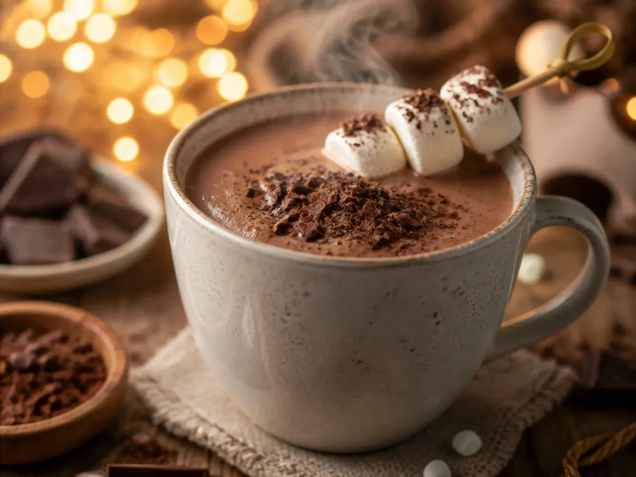 Grated dark chocolate being stirred into hot chocolate mix in a saucepan