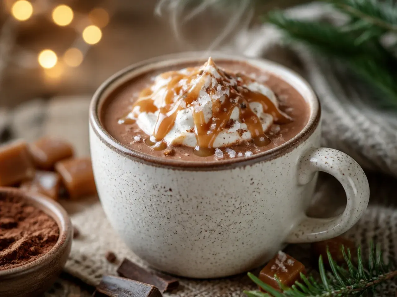Hot chocolate topped with a drizzle of caramel sauce and a sprinkle of sea salt flakes