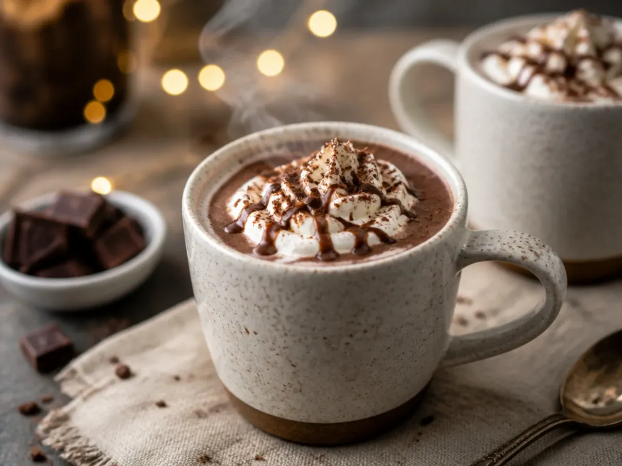 Hot chocolate bar set up with a slow cooker of milk, a bowl of mix and small dishes of toppings