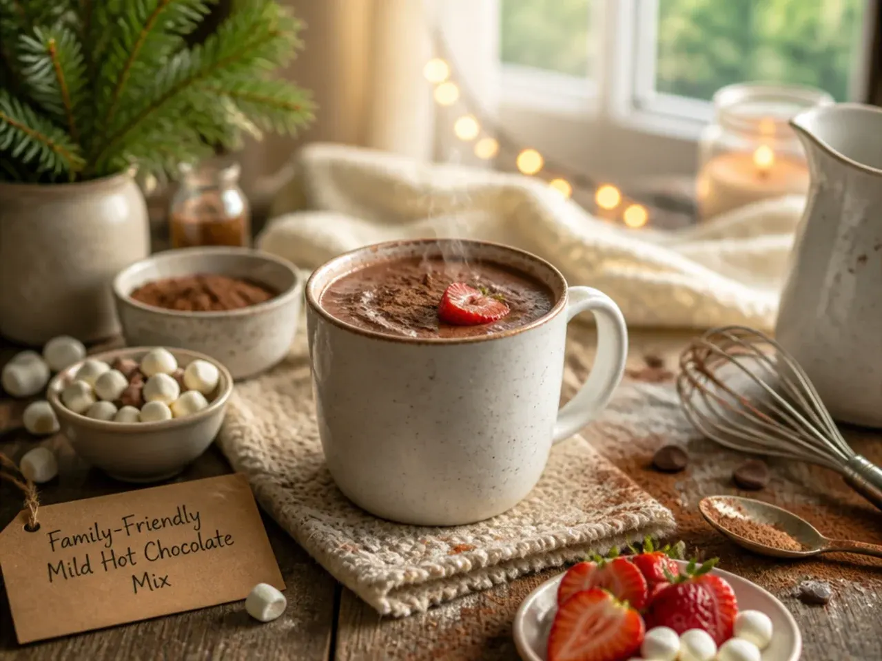 Two mugs of mild hot chocolate, one smaller for a child, with marshmallows on a tray