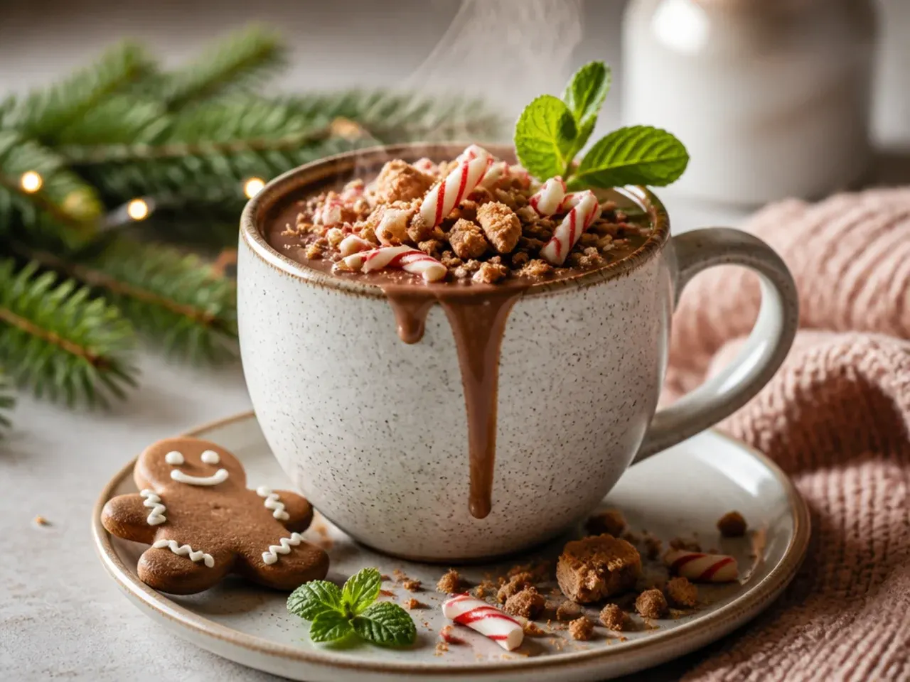 Peppermint hot chocolate with crushed candy cane on top next to a gingerbread spiced version