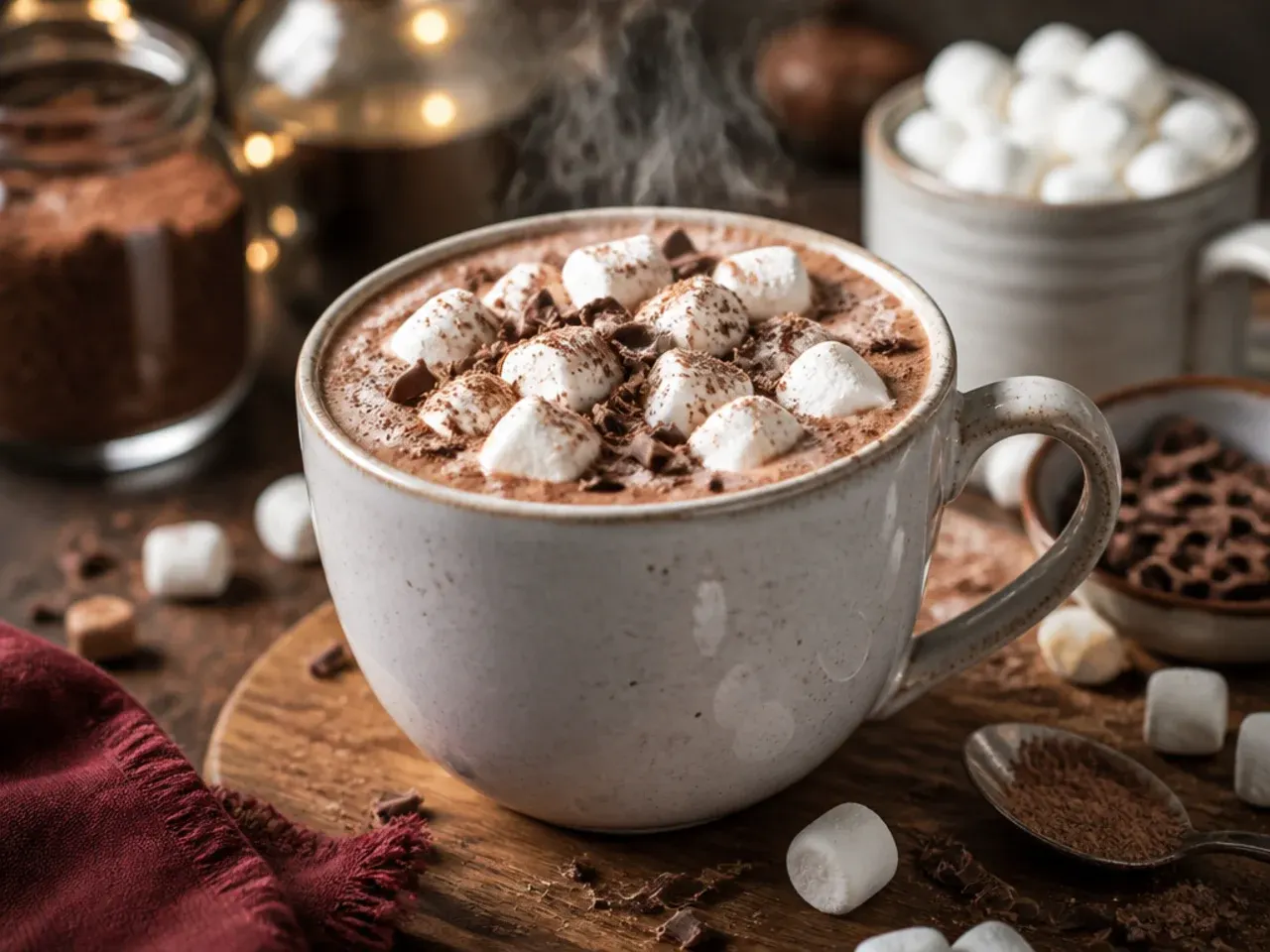 Hot chocolate served in a warmed mug with a cinnamon stick and shortbread biscuit on the side