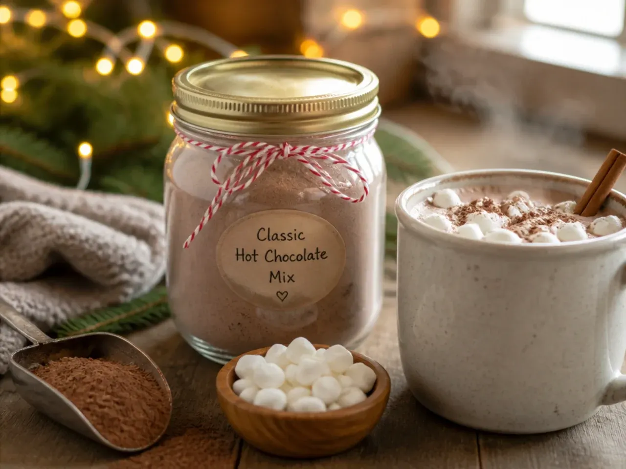 Row of labelled jars of hot chocolate mix stored on a pantry shelf