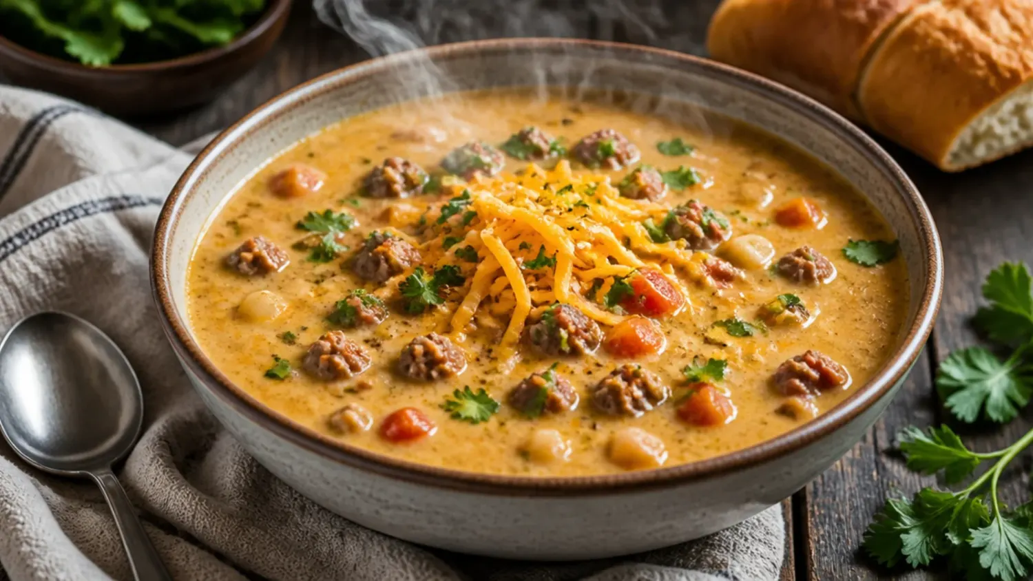 Overhead shot of creamy instant pot cheeseburger soup topped with shredded cheddar, crispy bacon and diced pickles in a white bowl