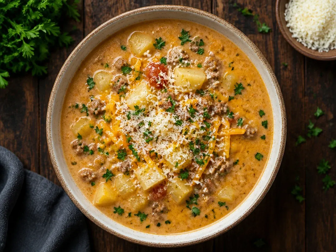 Pot of classic stovetop cheeseburger soup being thickened with a butter and flour roux