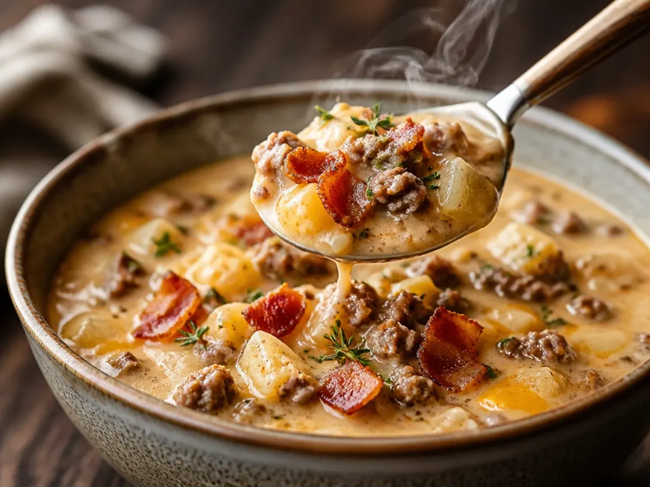 Close-up spoonful of creamy cheeseburger soup showing melted cheddar and diced potato