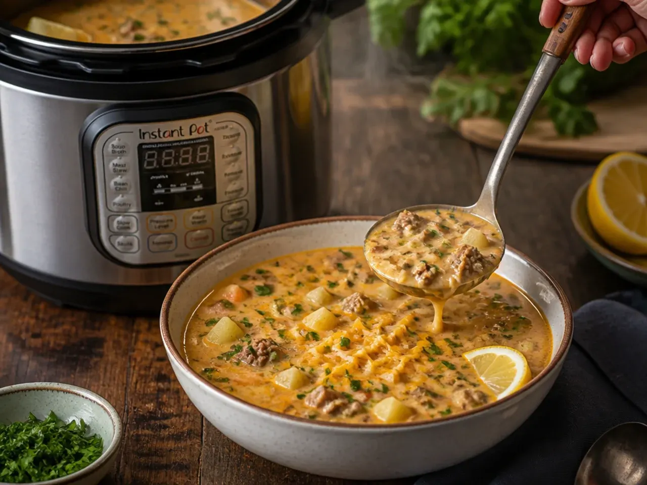 Kitchen timer next to an Instant Pot showing the pressure cooking countdown for cheeseburger soup