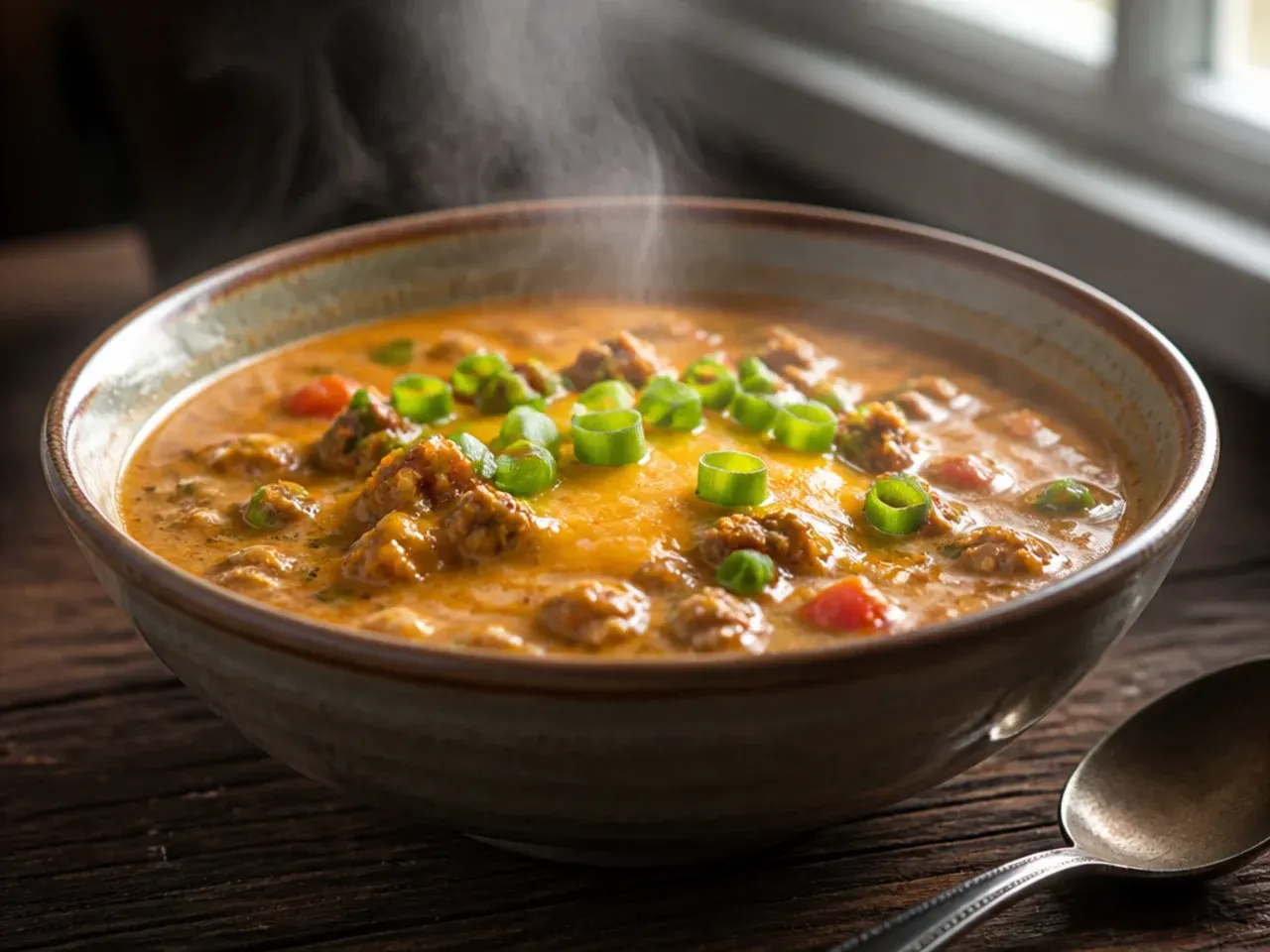 Two bowls of cheeseburger soup side by side, one Instant Pot version and one classic stovetop version, ready to compare