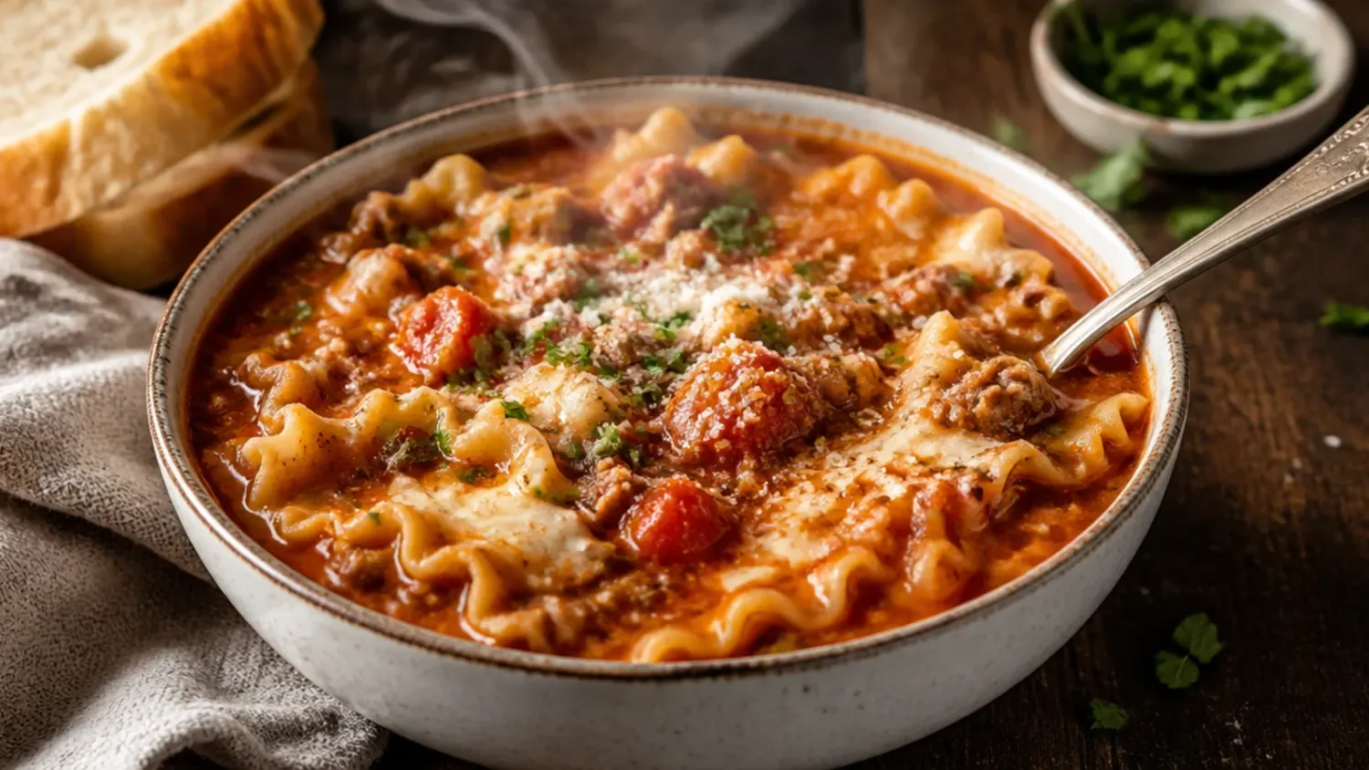 Overhead shot of a bowl of instant pot lasagna soup topped with a ricotta and parmesan swirl, melted mozzarella, and fresh basil, with lasagna sheets scattered around the bowl.