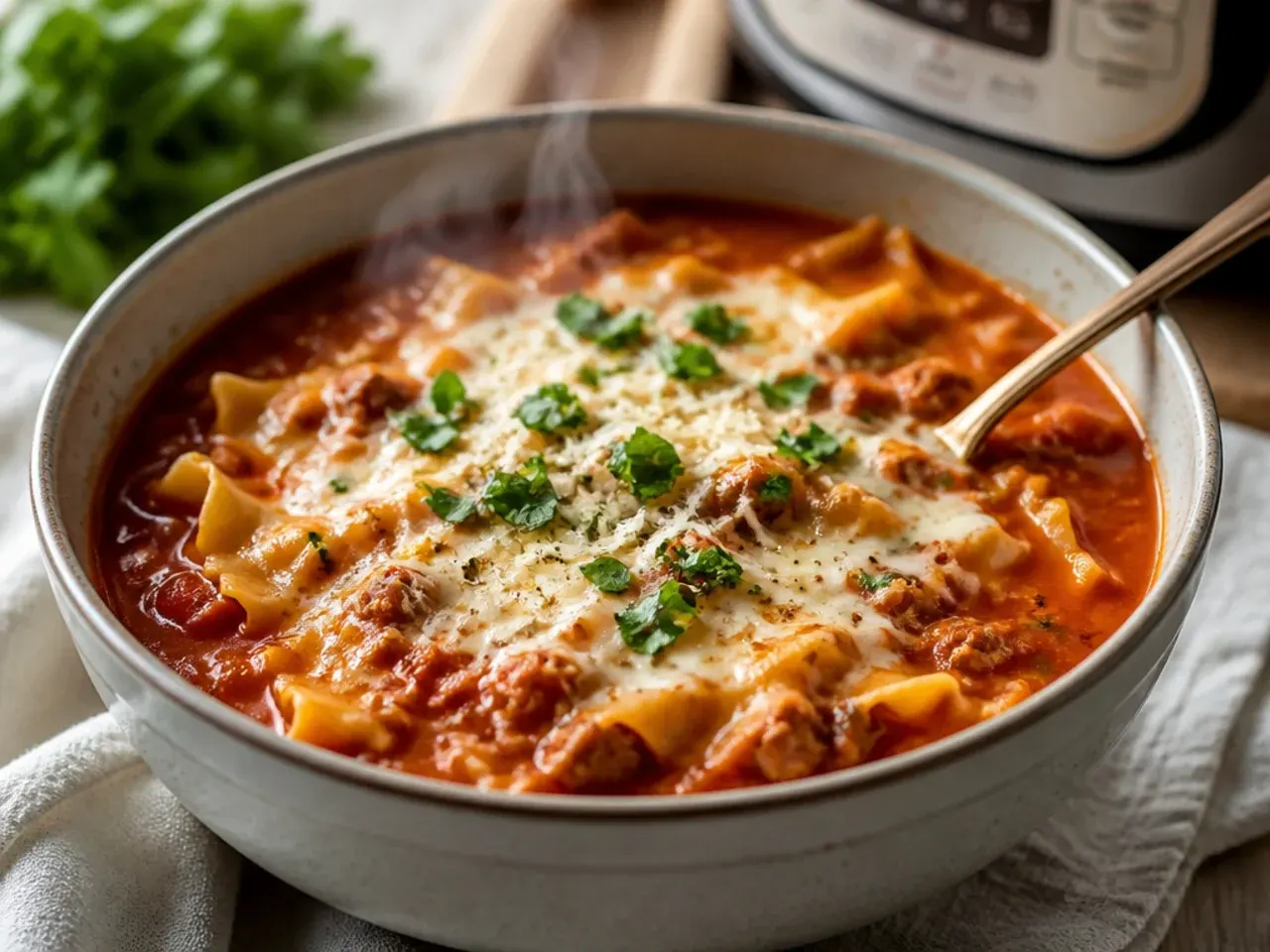 Bowl of instant pot lasagna soup topped with ricotta, mozzarella, and fresh basil next to an Instant Pot