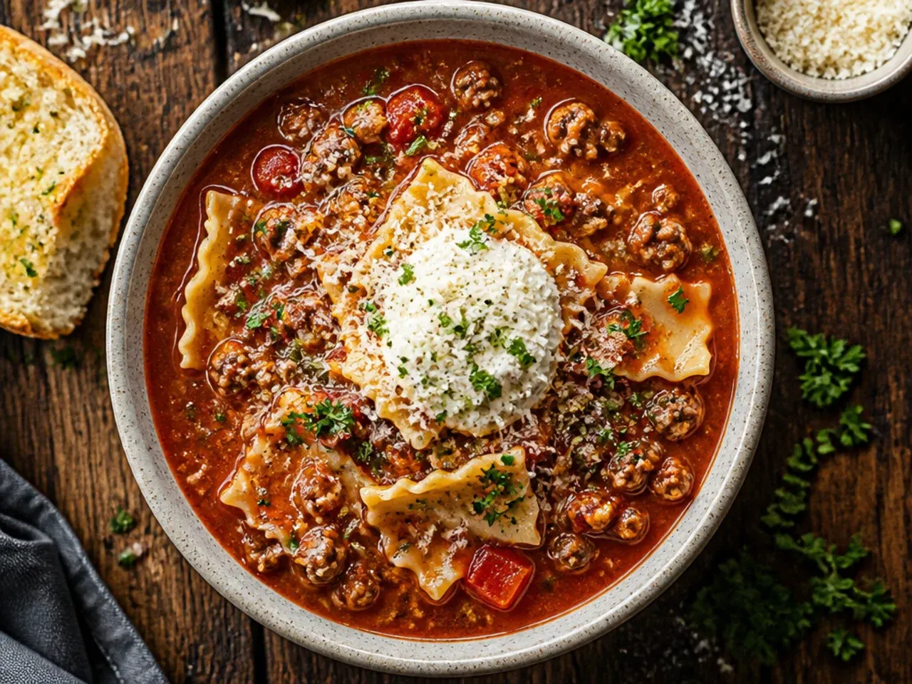 Close-up of classic beef and Italian sausage instant pot lasagna soup with a ricotta topping