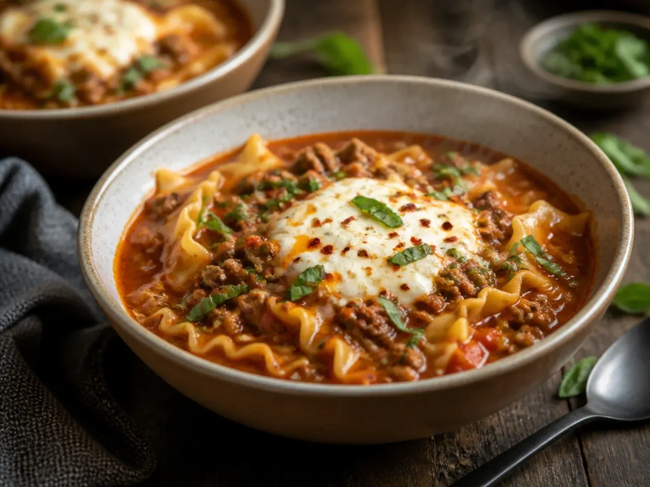 Quick weeknight instant pot lasagna soup with ground beef and grated cheese on top