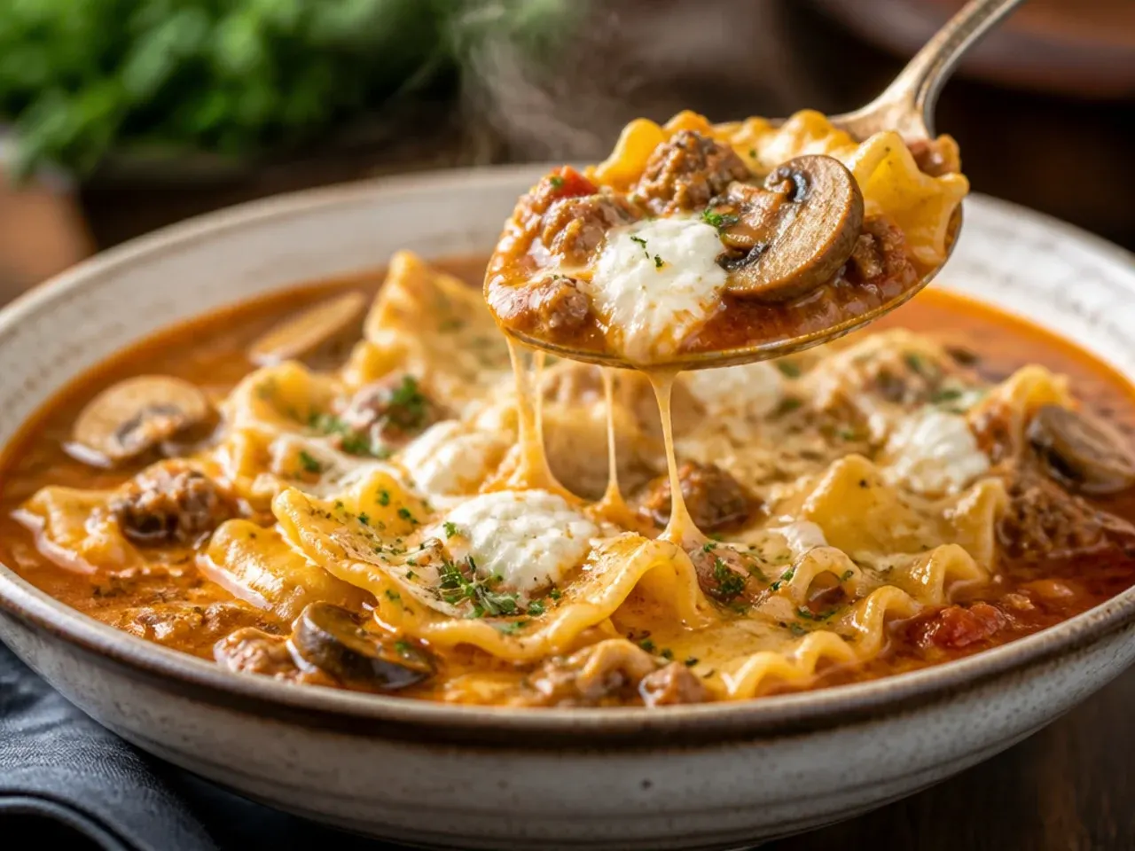 Hearty instant pot lasagna soup with sausage and sliced mushrooms in a rustic bowl