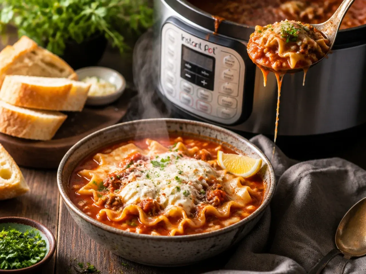 Bowl of cozy three-cheese instant pot lasagna soup with a swirl of whipped cheese topping