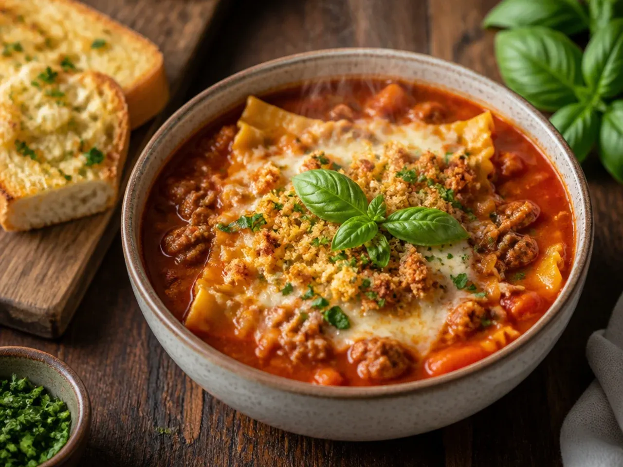 Simple five-ingredient instant pot lasagna soup with melted mozzarella on top
