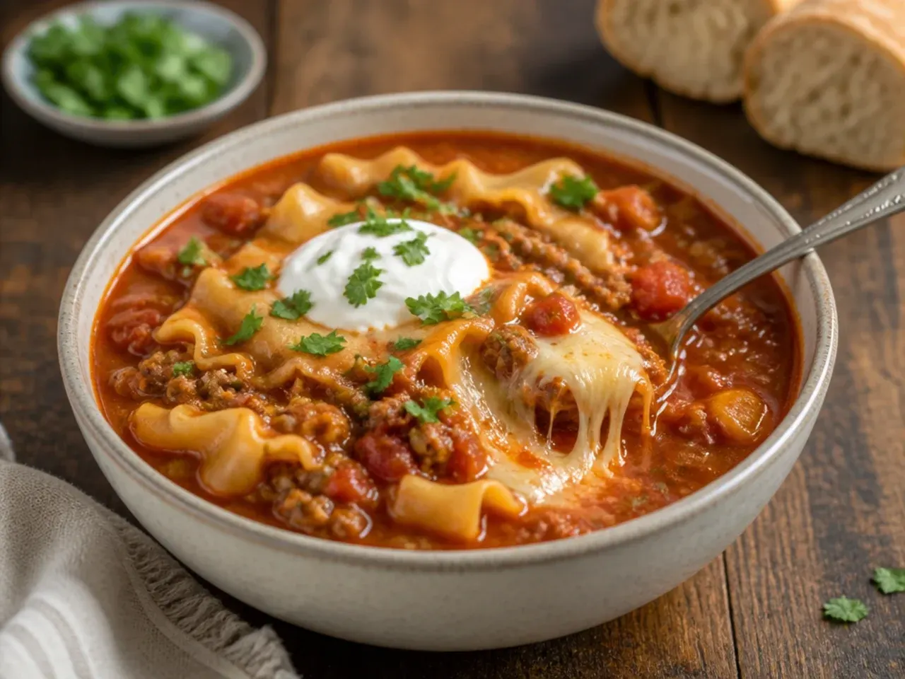 Extra-cheesy instant pot lasagna soup with stretchy pulled mozzarella in a spoon