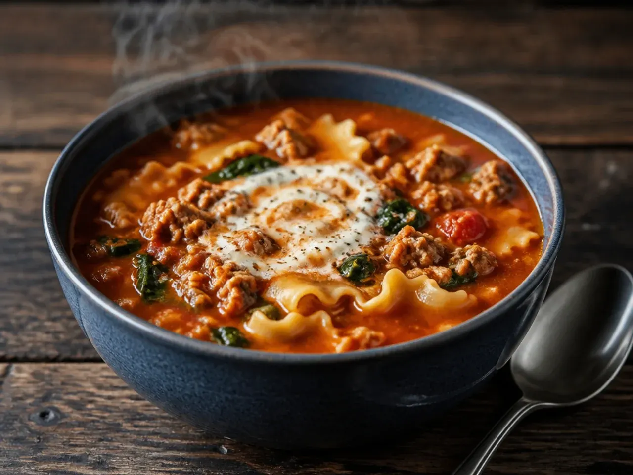 Comforting turkey and spinach instant pot lasagna soup in a white bowl