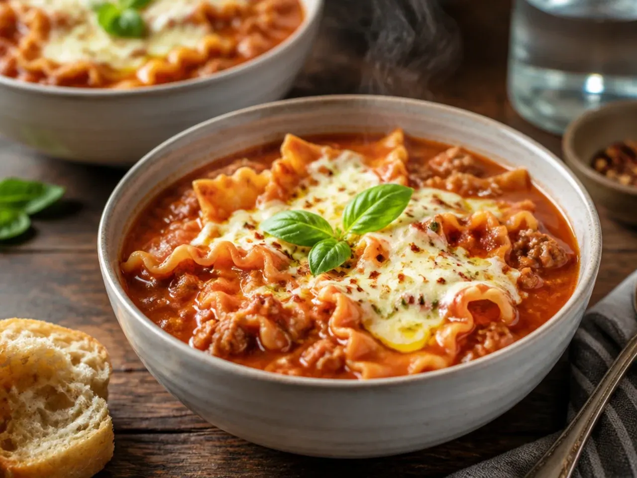 Freezer bag of instant pot lasagna soup base next to a finished bowl of soup