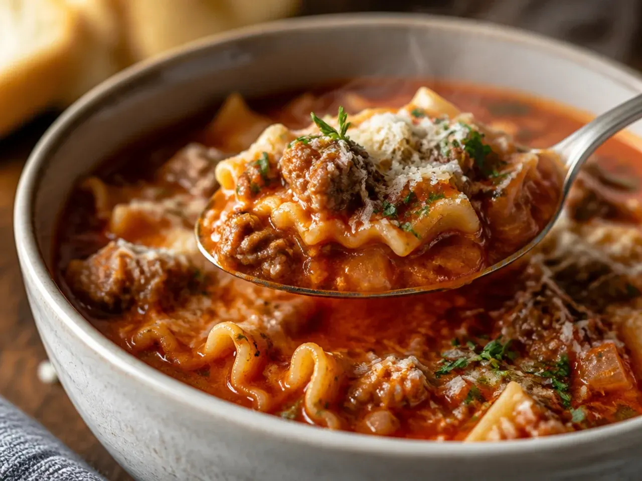 Rustic instant pot lasagna soup with sausage and sliced fennel served with crusty bread