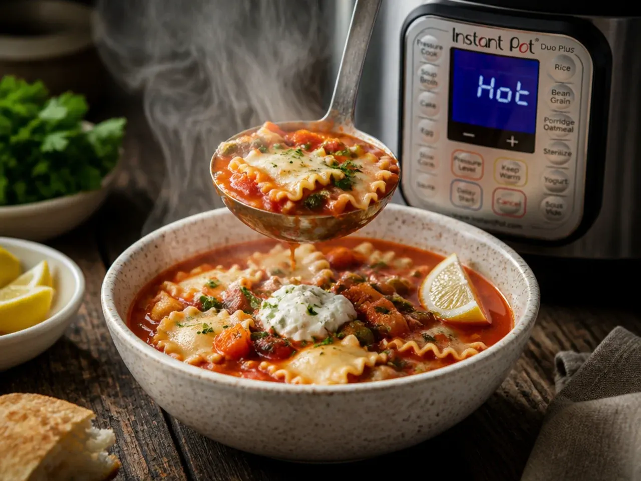 Loaded vegetable-packed instant pot lasagna soup with zucchini, carrot, and pepper