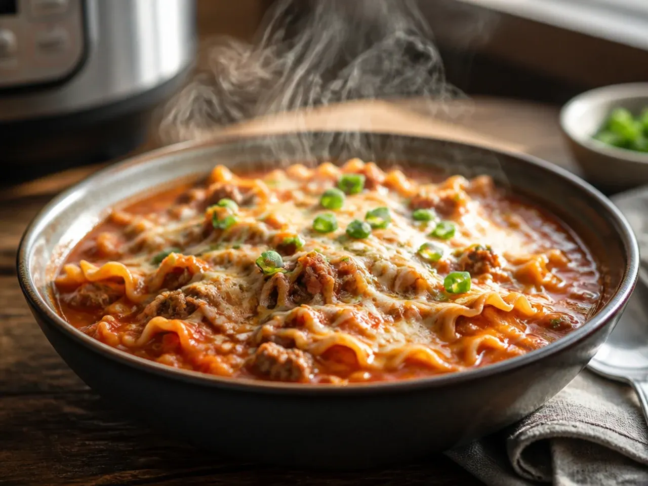 Large family-size pot of instant pot lasagna soup ready to be portioned into containers
