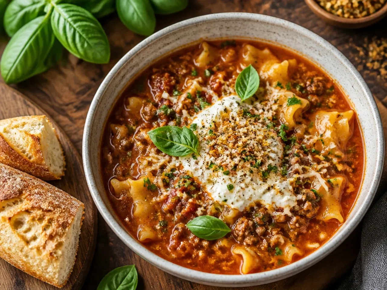 Rich, deeply flavoured instant pot lasagna soup simmering in the pot