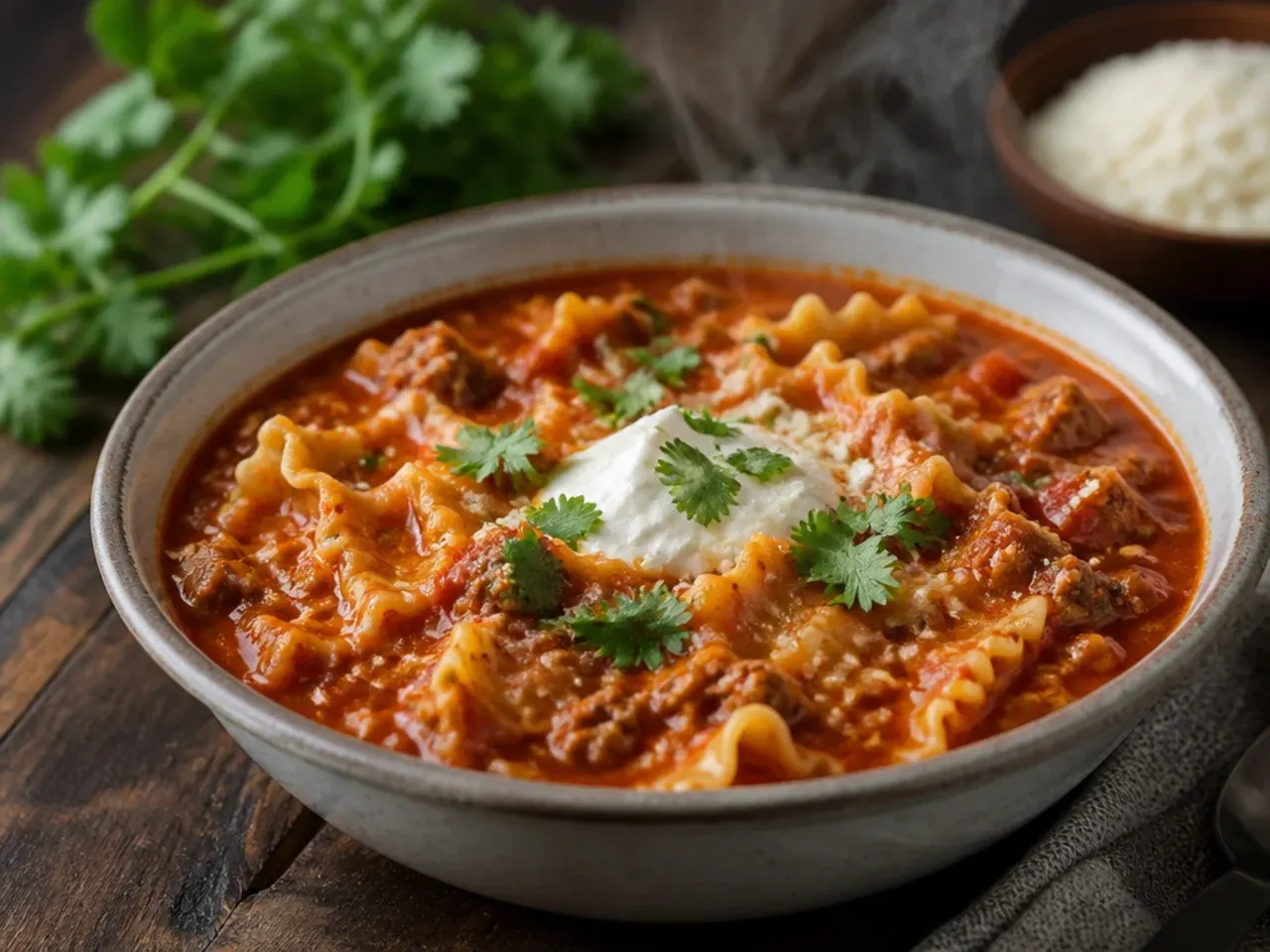 One-pot instant pot lasagna soup with noodles cooked directly in the pot