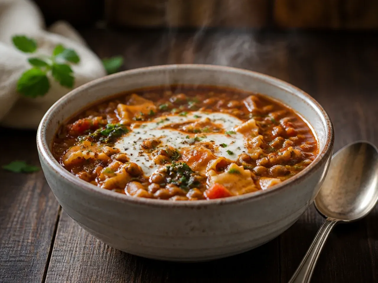 Vegetarian lentil instant pot lasagna soup in a bowl with ricotta topping