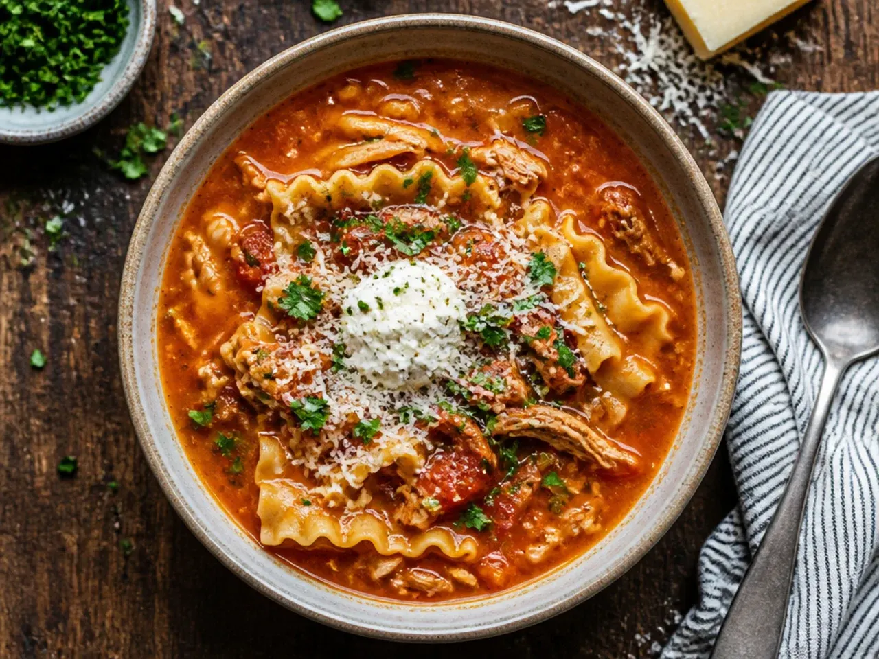 Easy instant pot lasagna soup made with shredded rotisserie chicken