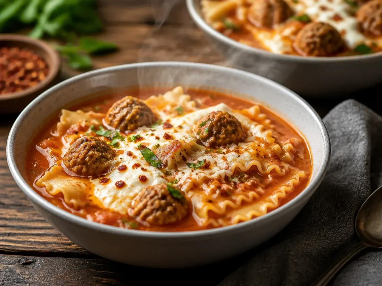 Hearty instant pot lasagna soup with whole meatballs and broken lasagna noodles