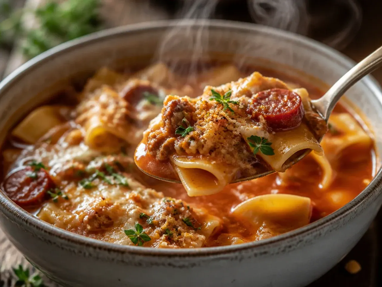 Smoky instant pot lasagna soup with chorizo and a swirl of soured cream