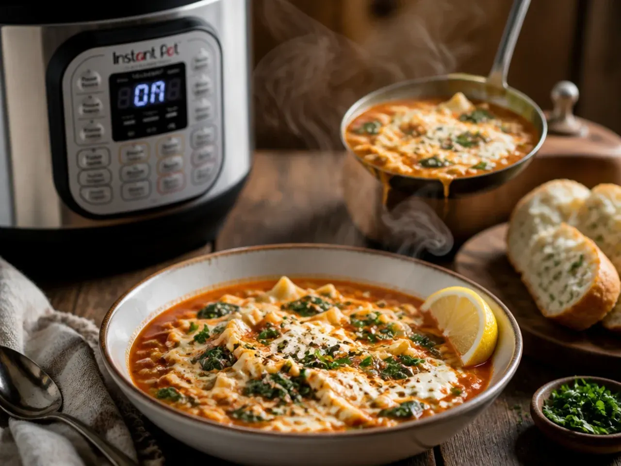 Creamy instant pot lasagna soup with a green spinach and ricotta swirl on top