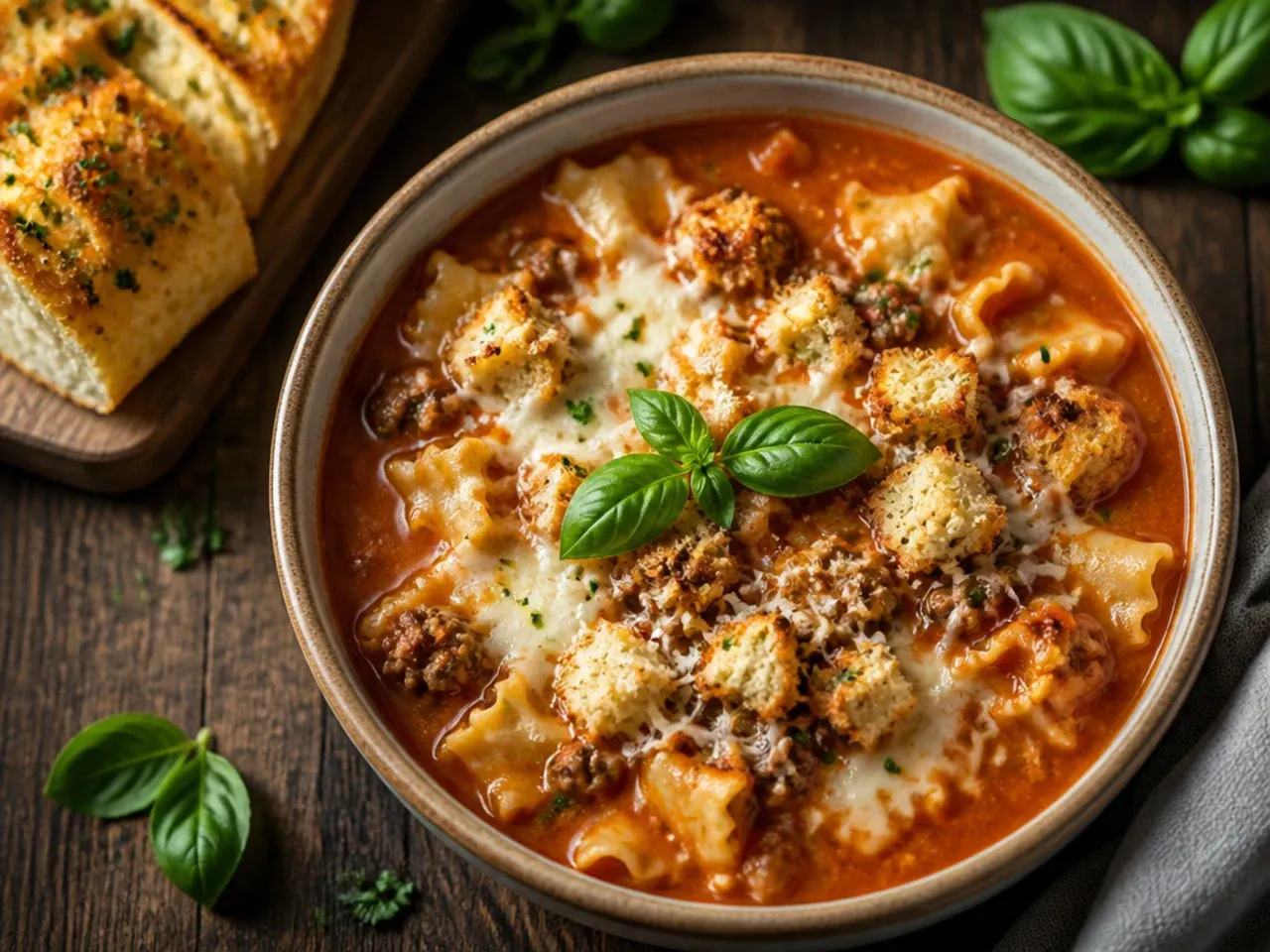 Instant pot lasagna soup topped with a slice of bubbling cheesy garlic bread