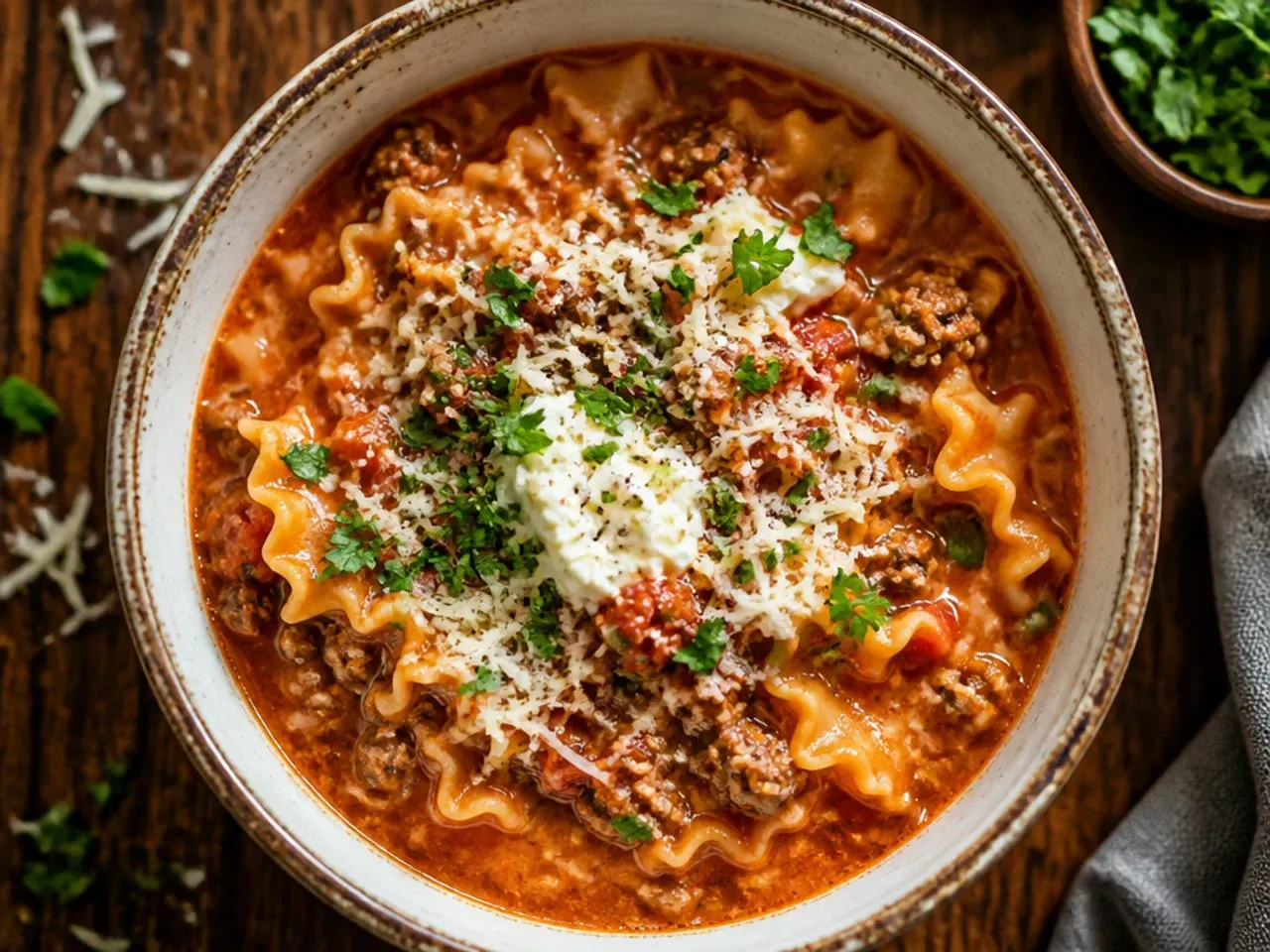 Bowl of instant pot lasagna soup with a golden, broiled cheese top