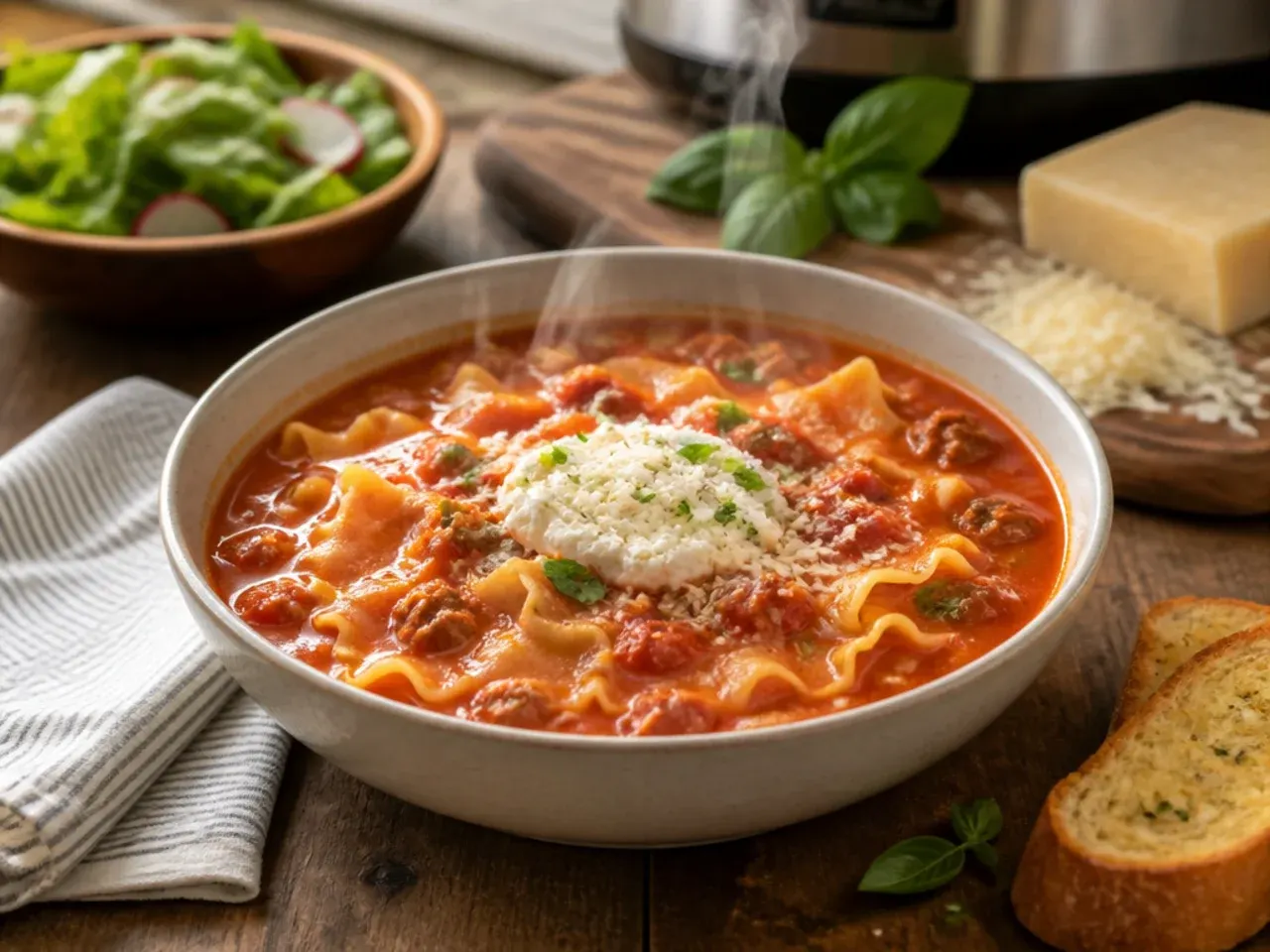 Instant pot lasagna soup served with garlic bread and a side salad