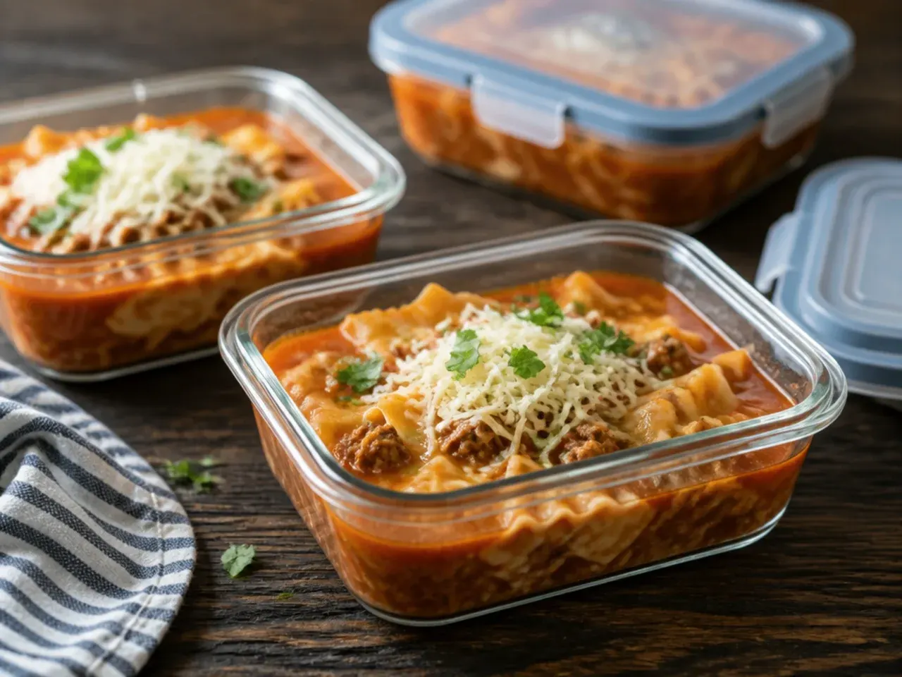 Airtight container of leftover instant pot lasagna soup ready for the fridge