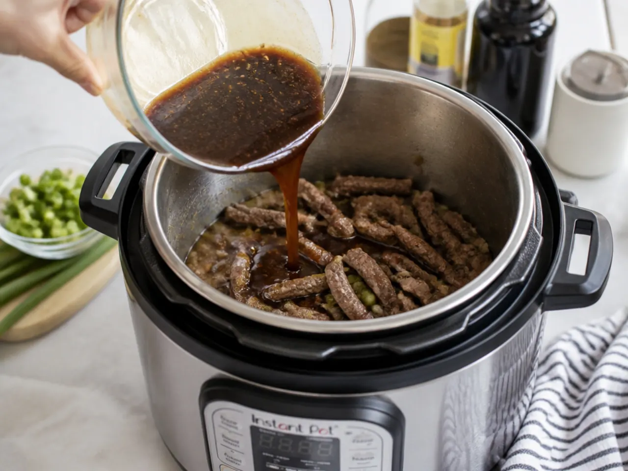 instant pot mongolian beef — step 3: add the sauce and pressure cook