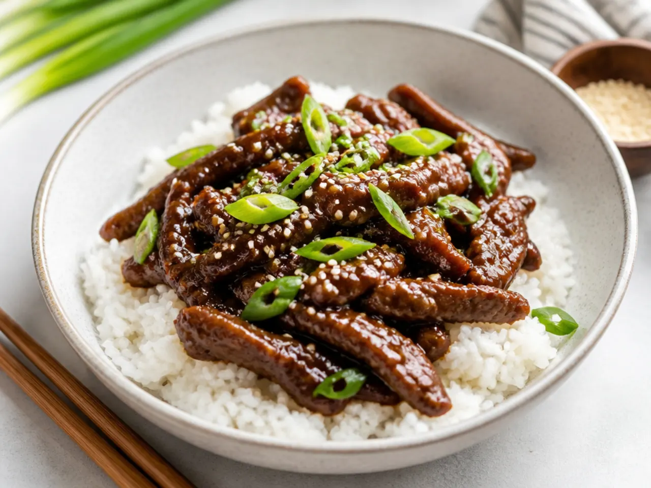 Tender Instant Pot Mongolian beef strips coated in glossy soy-ginger sauce over rice