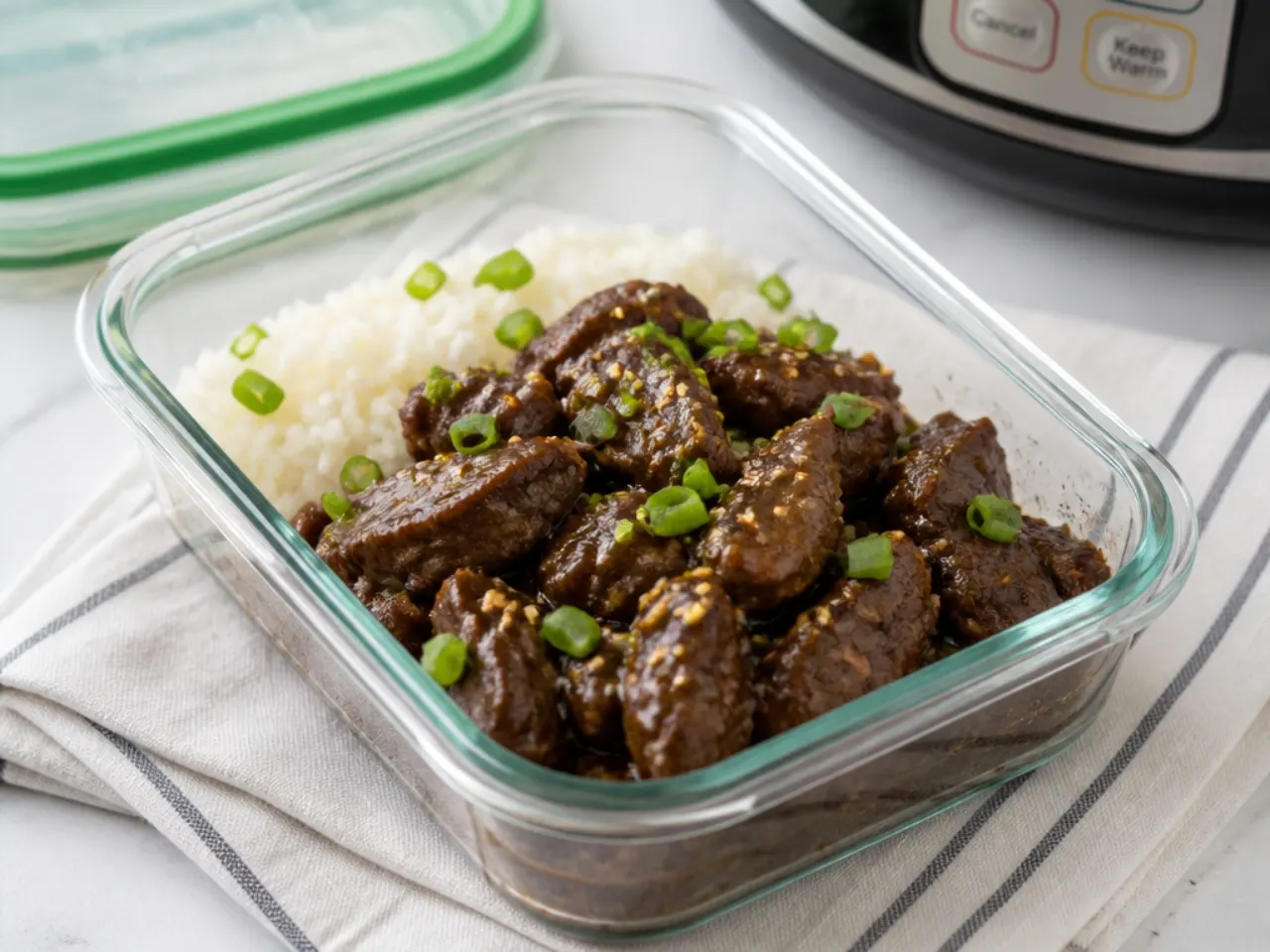 Instant Pot Mongolian beef leftovers stored in a glass container for meal prep