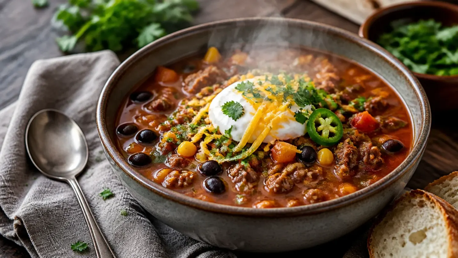 Bowl of instant pot taco soup topped with shredded cheddar, sour cream, avocado, and crushed tortilla chips