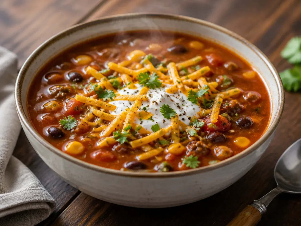 Overhead shot of instant pot taco soup topped with shredded cheese and sliced avocado