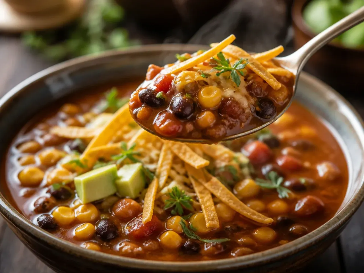 Close-up spoonful of taco soup showing beans, corn, and beef in a rich tomato broth