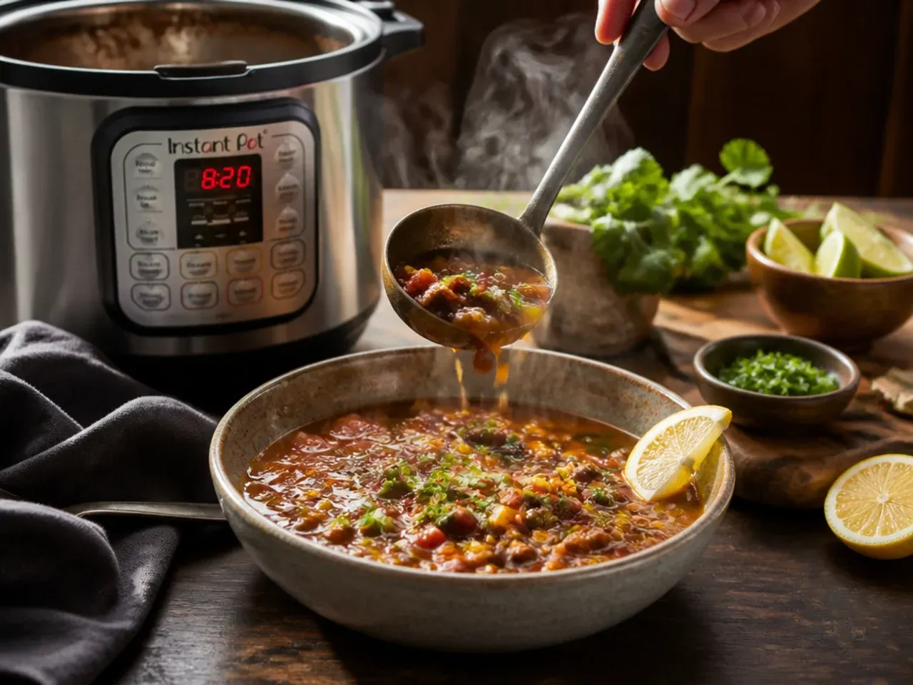 Kitchen timer next to a simmering pot of taco soup