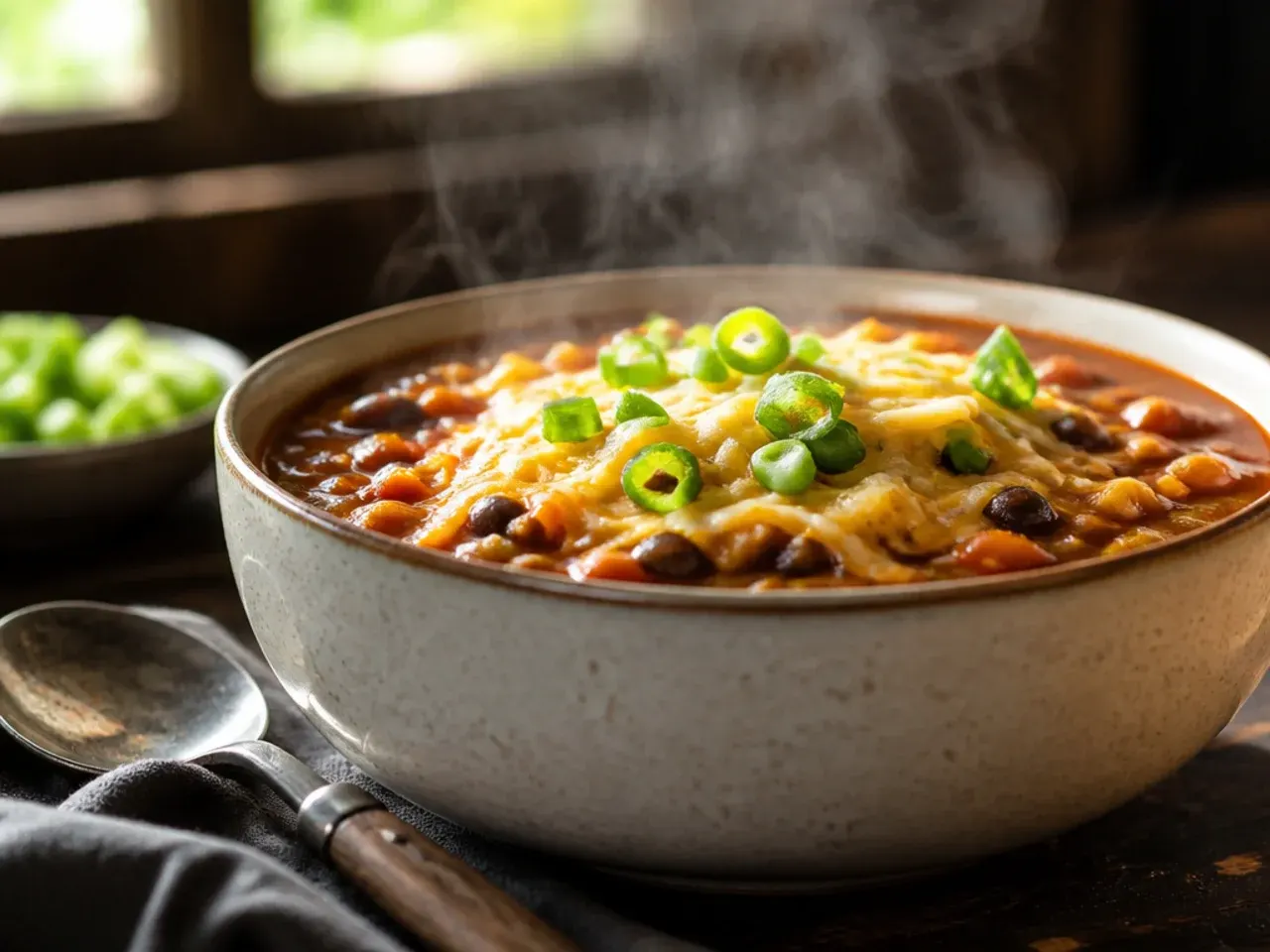 Two bowls of taco soup side by side, one topped simply and one loaded with toppings